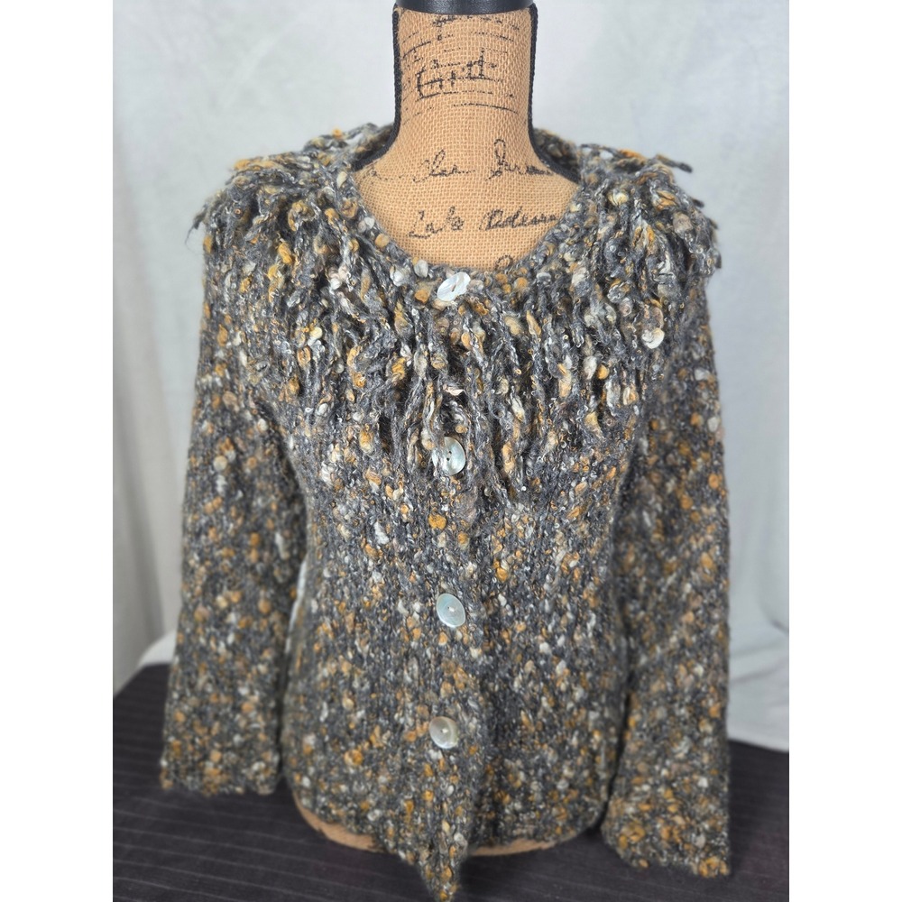 Ruby Rd Gray Shaggy Fringe Collar Knit Cardigan Sweater M 15% Wool Blend Bohoho